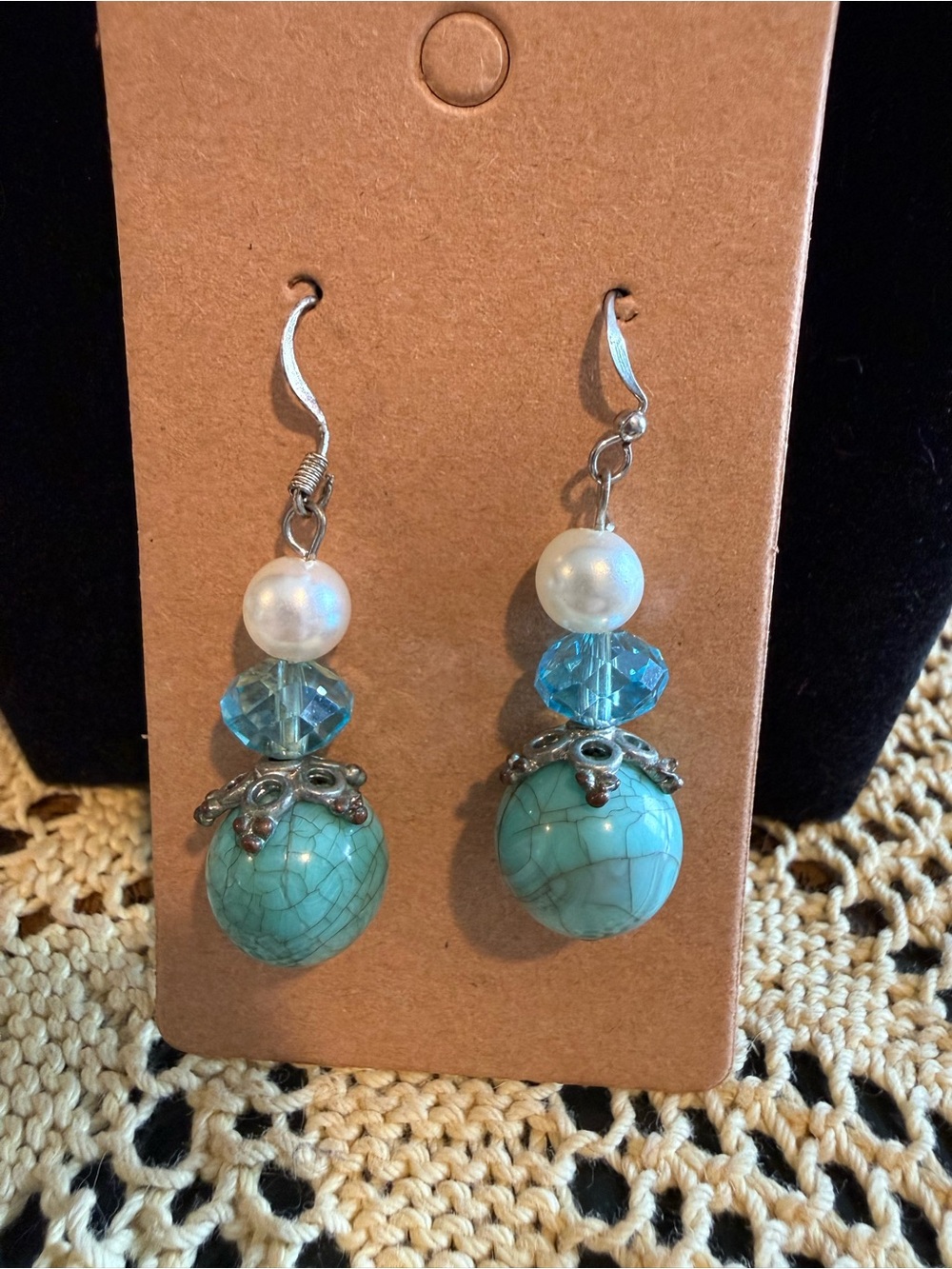 Turquoise look Drop Earrings with Pearl beads and Crystal look bead Accents